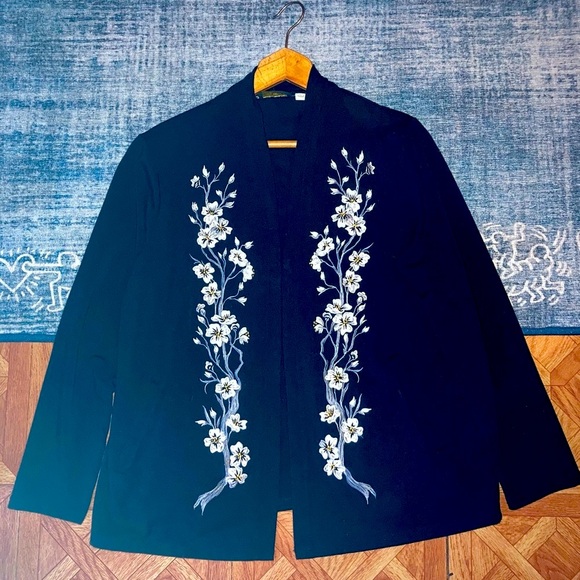 BOB MACKIE Wearable Art Sweater Lightweight Cardigan Floral Cotton Blend Black - Picture 1 of 5